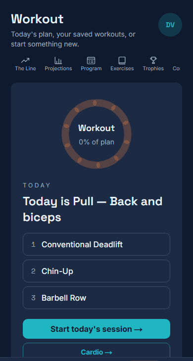 Workout on the phone: today is Pull — Back and biceps — with the session ready to start